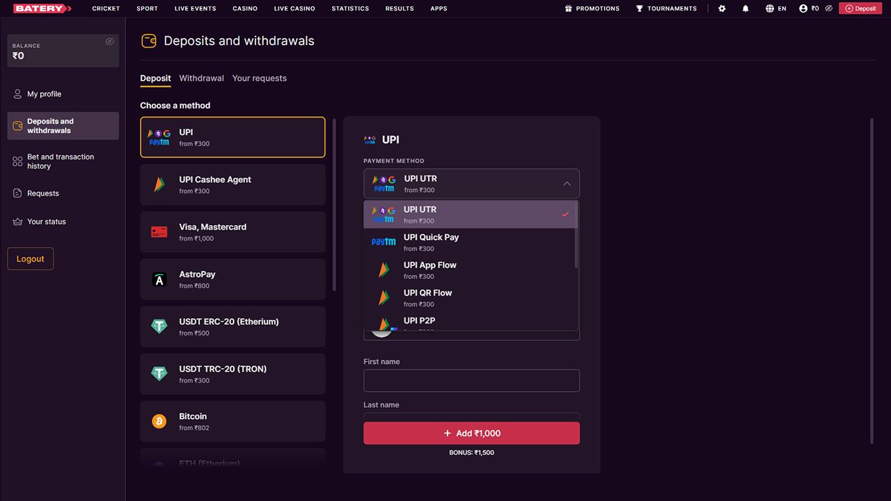 Casino Batery Bet India Payment Methods