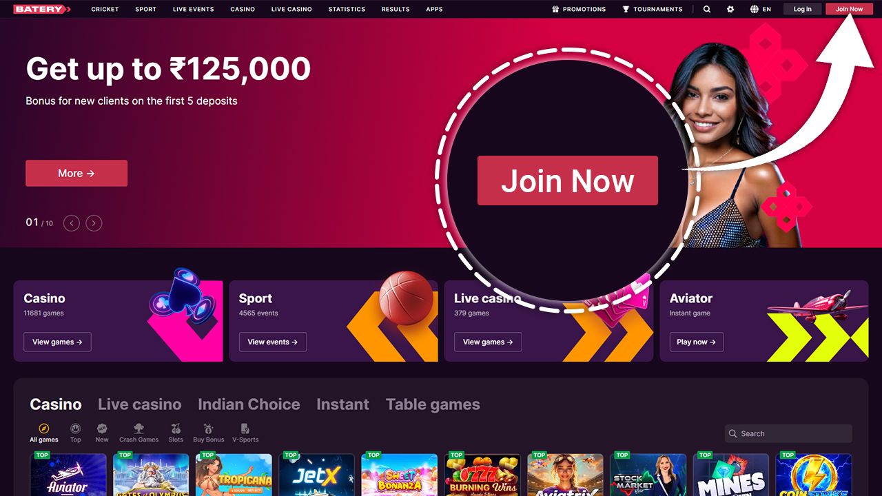 BateryBet Casino Step 1 Registration Click the Join now button