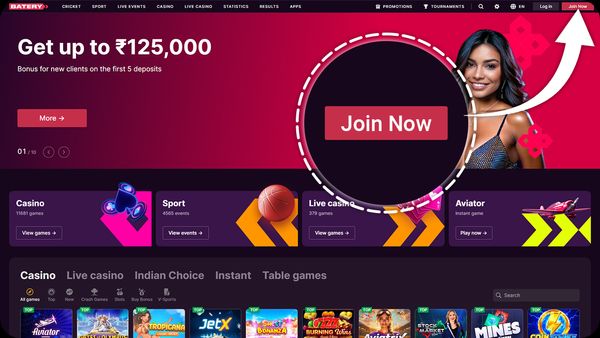 BateryBet Casino Step 1 Registration Click the Join now button