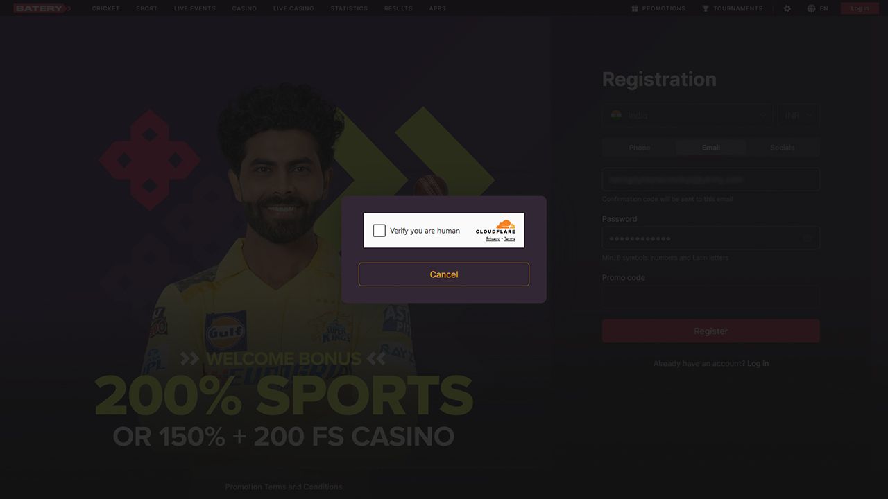 BateryBet Casino Step 3 Registration Press the Register button