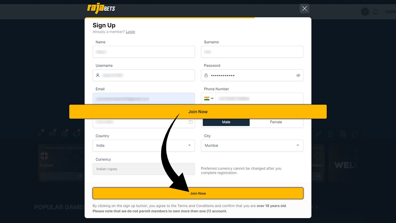 Step 3 of the registration process in Rajabets online casino
