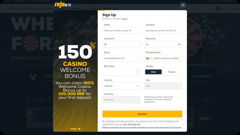 Review of the registration process of Rajabets online casino step 2