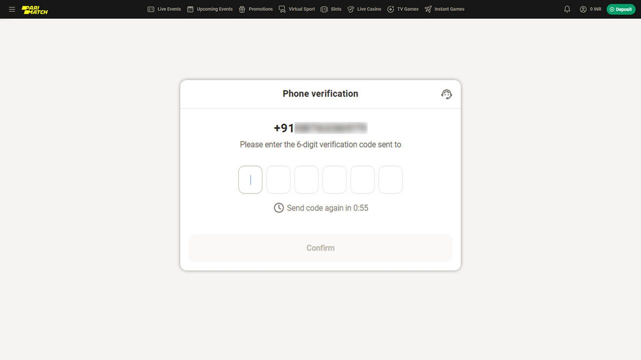 Step 4 the end of registration process in Parimatch