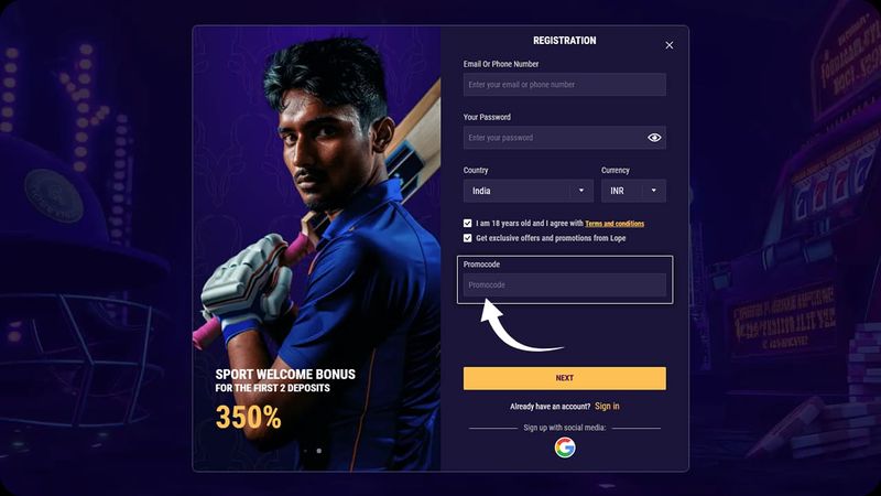LopeBet IN Review - Third step of the registration process use your promo code