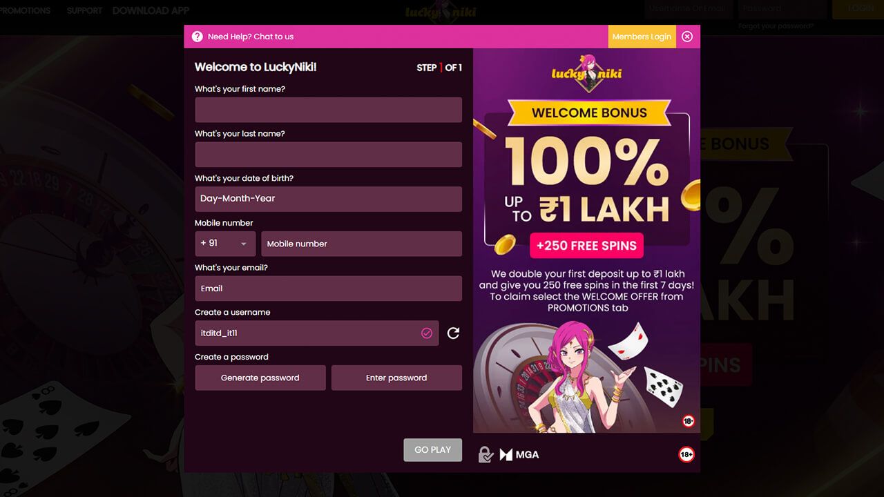 The second step of the process of signing up with Lucky Niki India