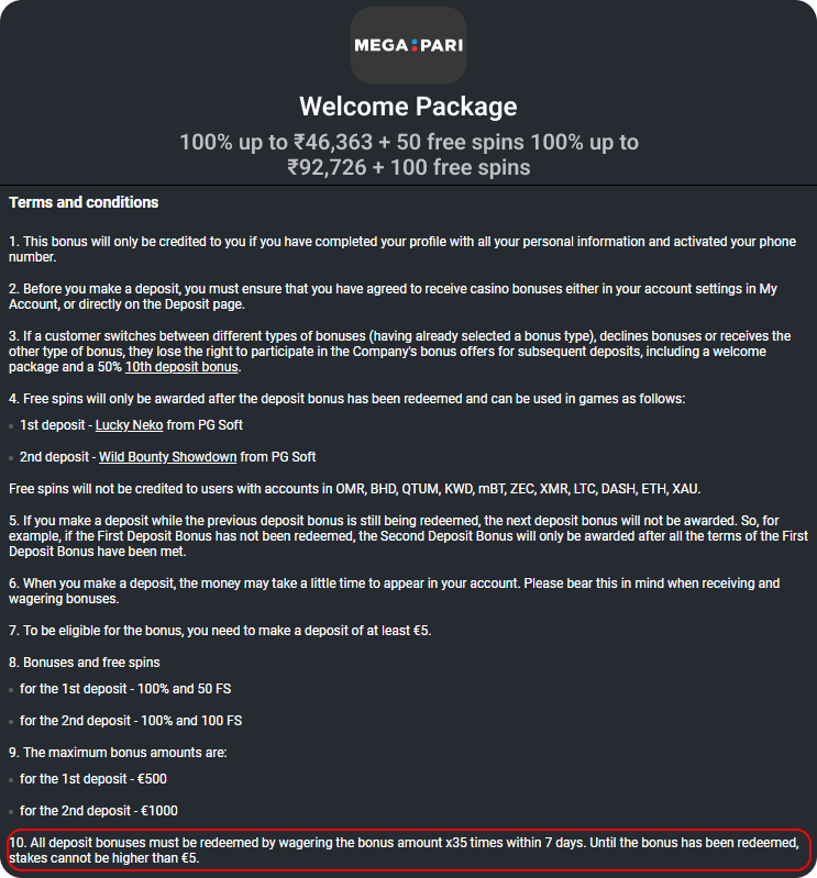 Casino Bonuses Megapari Welcome Bonus Casino Terms and Wagering Conditions