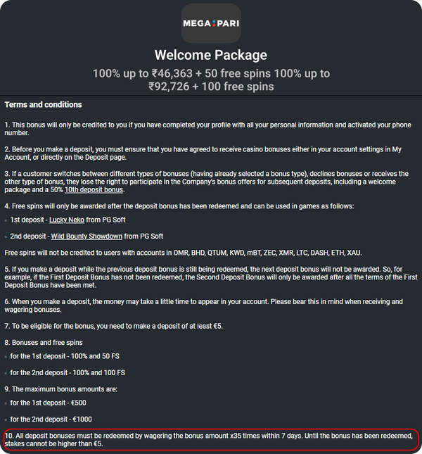 Casino Bonuses Megapari Welcome Bonus Casino Terms and Wagering Conditions
